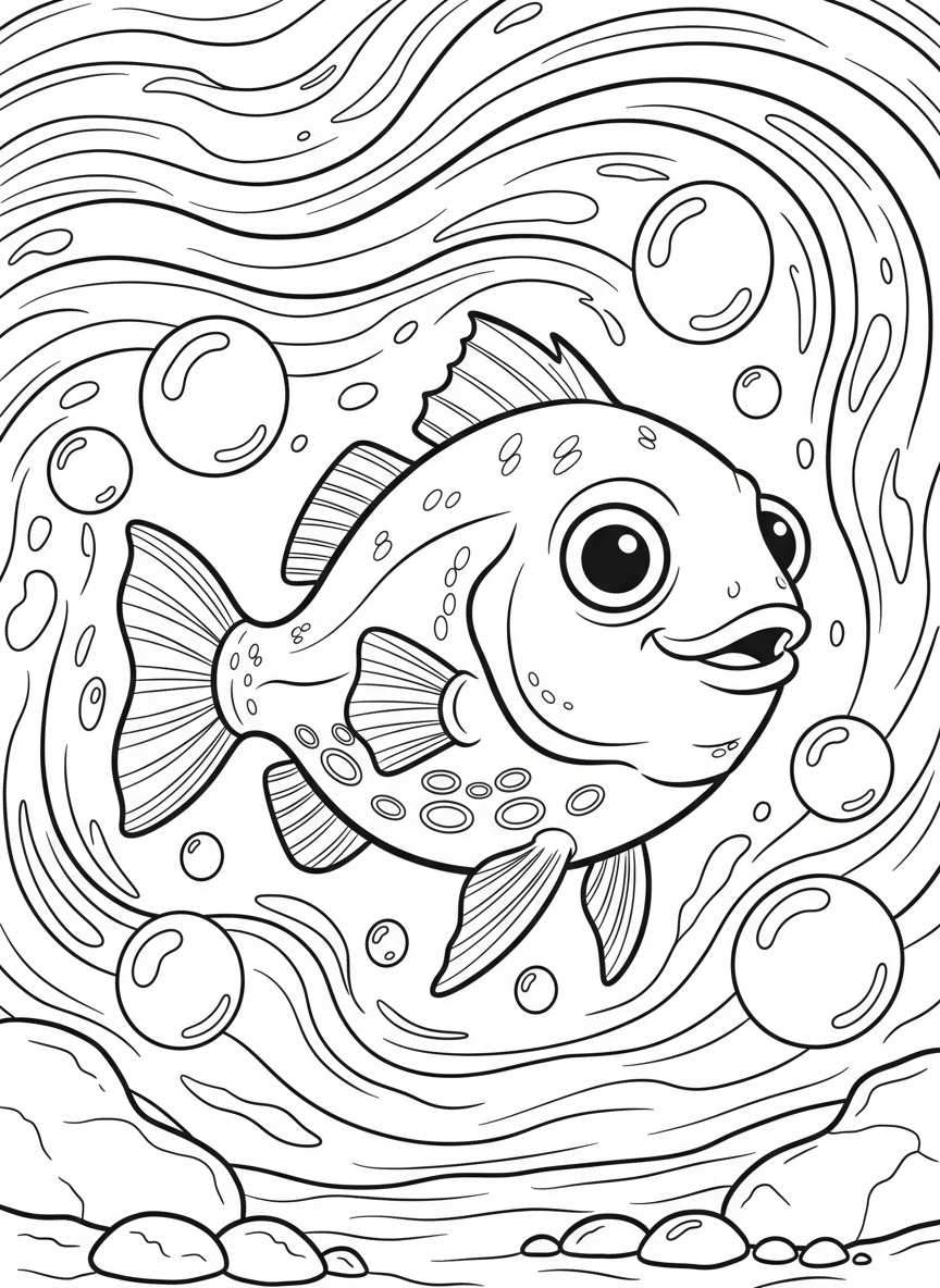 A cheerful lanternfish with big round eyes and rows of light-producing organs along its belly, swimming through dark ocean waters with bubbles around it.