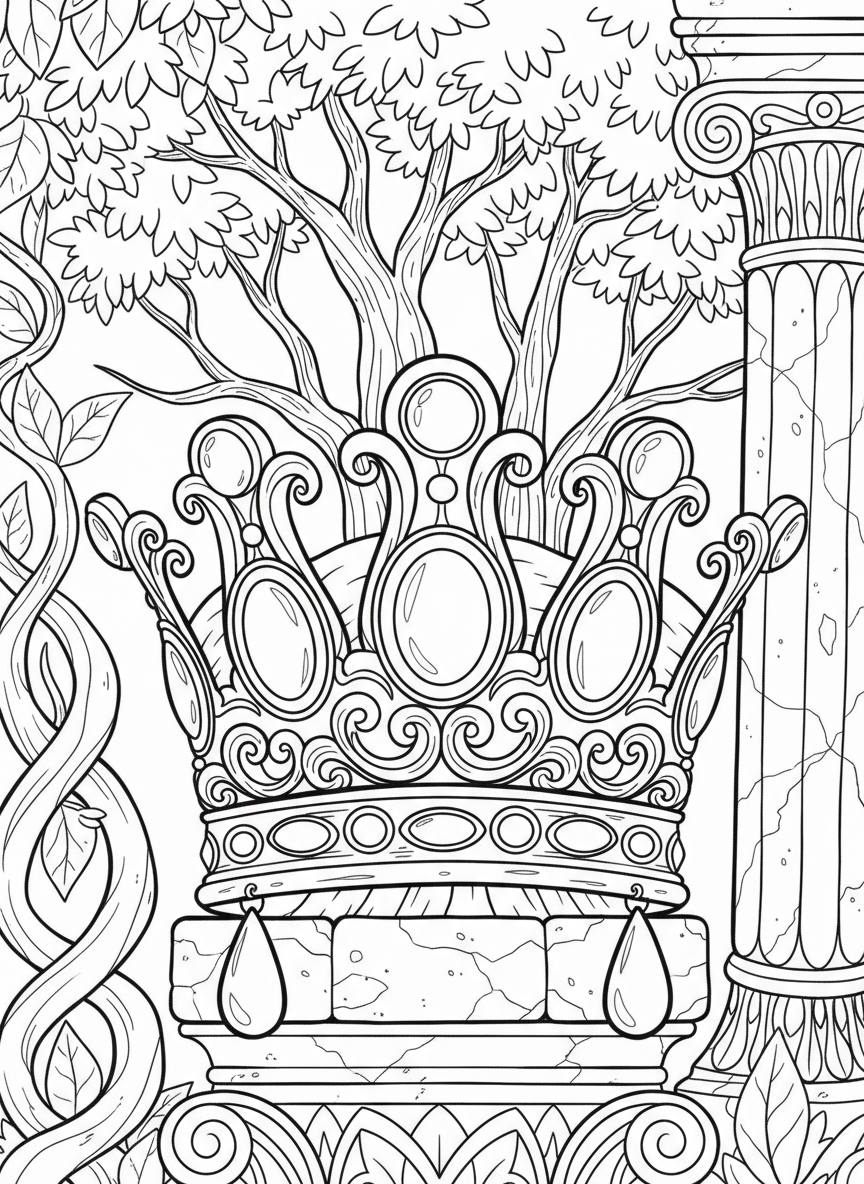 A royal crown decorated with large gemstones of different shapes: circles, ovals, and teardrops, with ornate but clear line work.