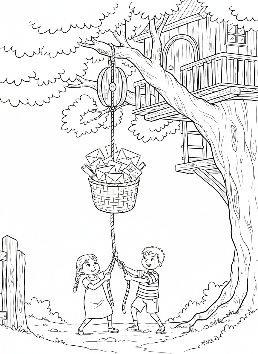 Two children pulling a rope pulley system to lift a basket full of letters and small packages up to their treehouse platform high in the trees.