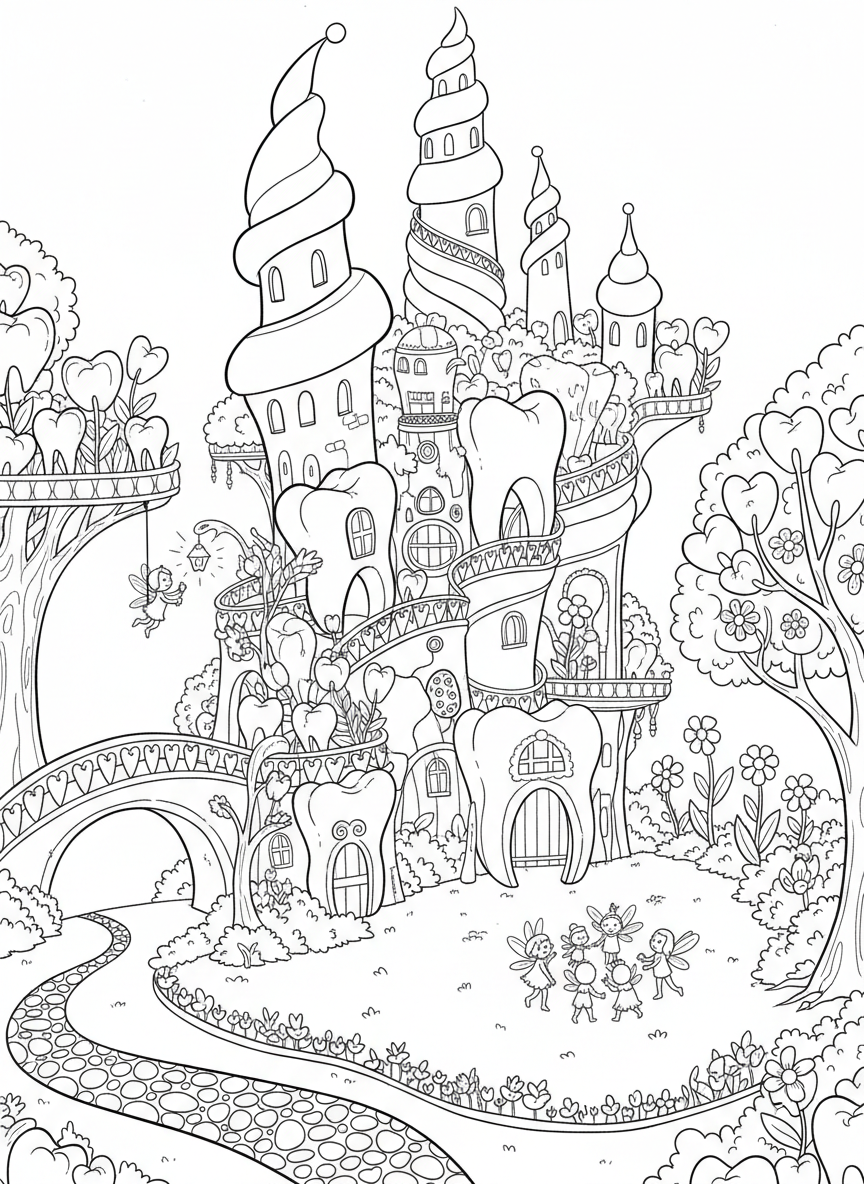 A whimsical tooth palace with towers, bridges, and gardens where tiny fairies play