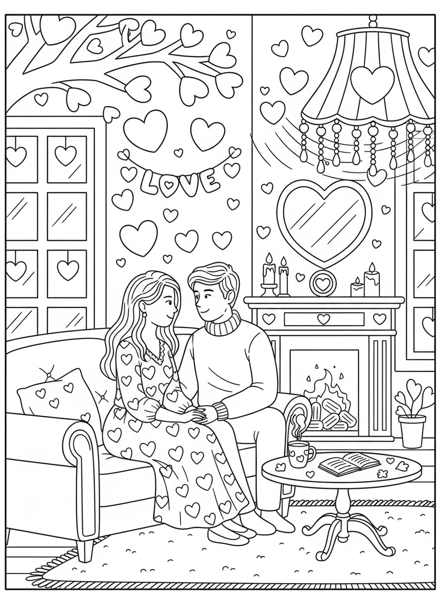 Valentines Day coloring page prompts celebrating love, connection, kindness, and heartfelt moments.	A warmly decorated room filled with hearts and soft lighting, a couple sitting together sharing a quiet, meaningful moment.