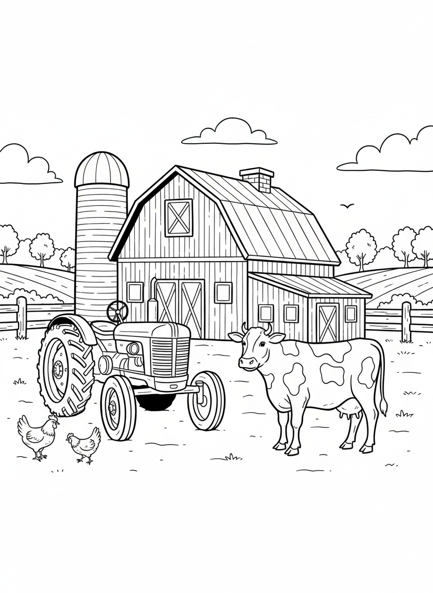 A farm scene with a barn, tractor, and friendly animals like chickens and cows, wide landscape view