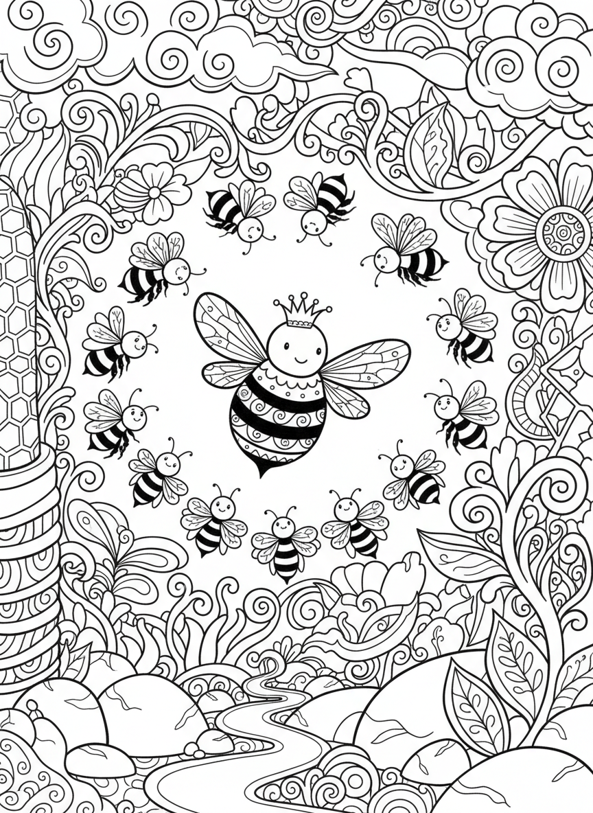 A queen bee with a small crown surrounded by worker bees in a circular composition, whimsical and fun design.