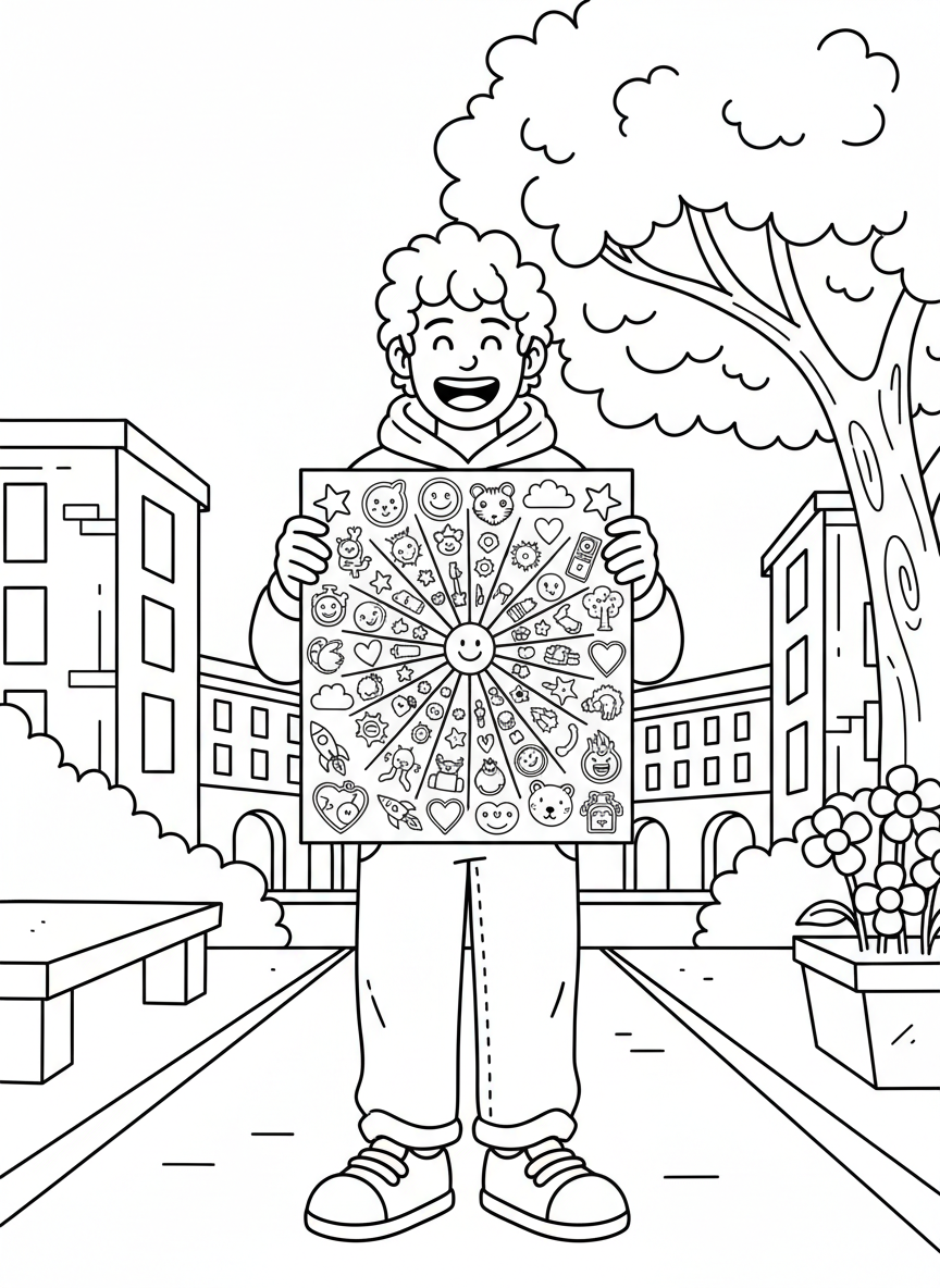 A cheerful student holding up a poster displaying 100 stickers arranged in a creative pattern