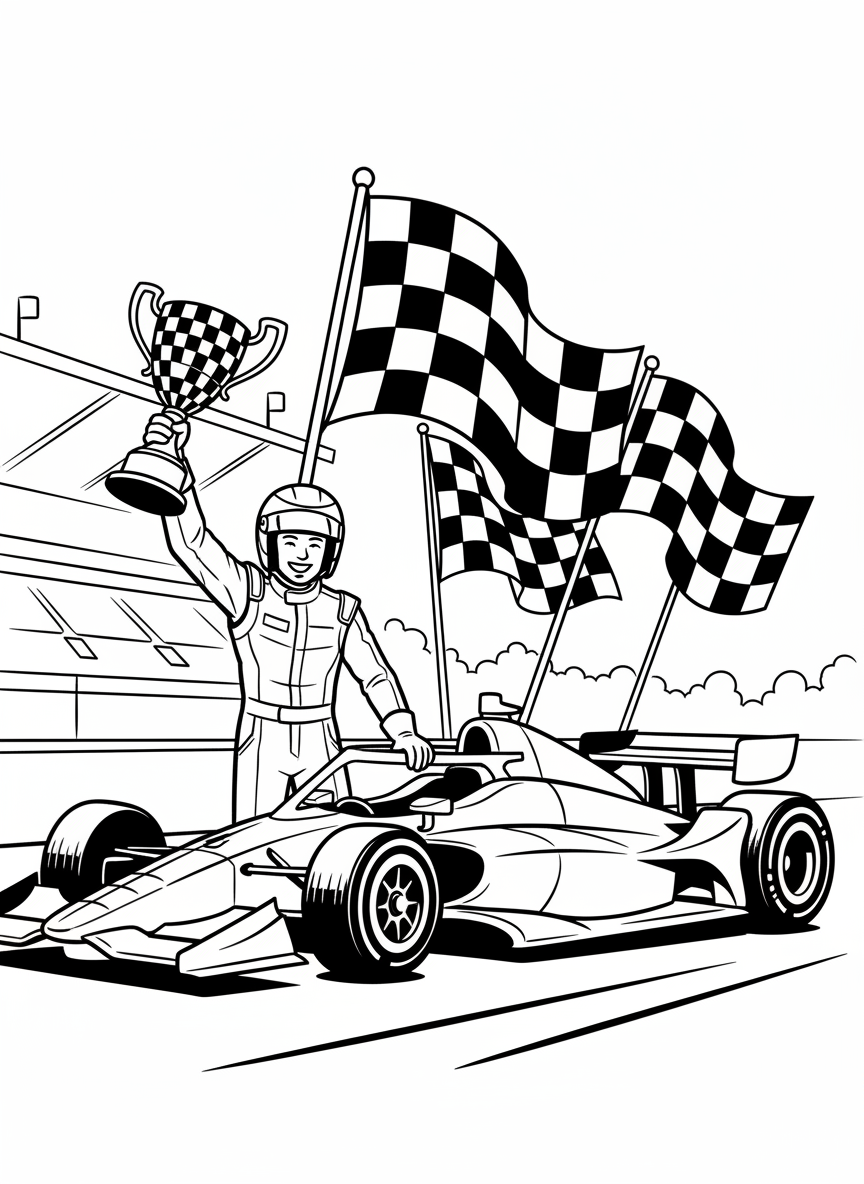A smiling race car driver holding a trophy next to their Indy car, with checkered flags waving in the background.