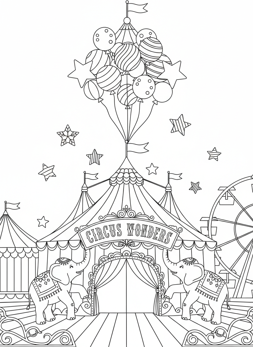 A circus tent with balloons, stars, and a banner, festive and symmetrical composition
