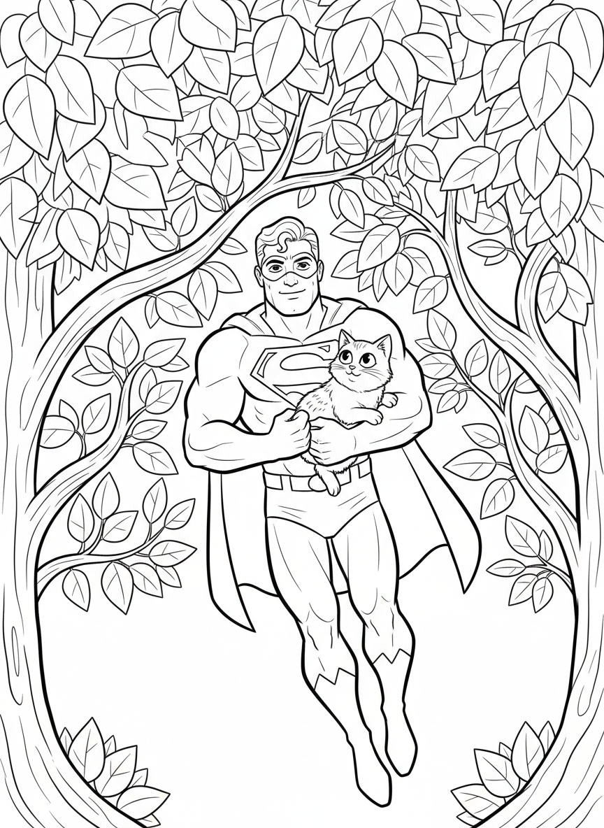 A flying superhero rescuing a cat from a tree, gentle scene with leaves and branches, friendly expression
