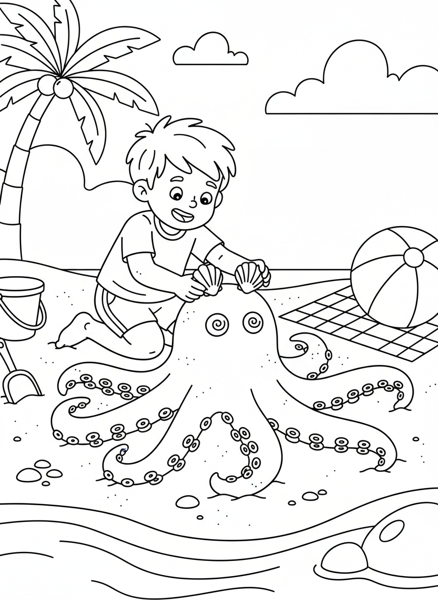 A child making a sand octopus with eight tentacles spreading out in different directions, adding shell eyes and details.