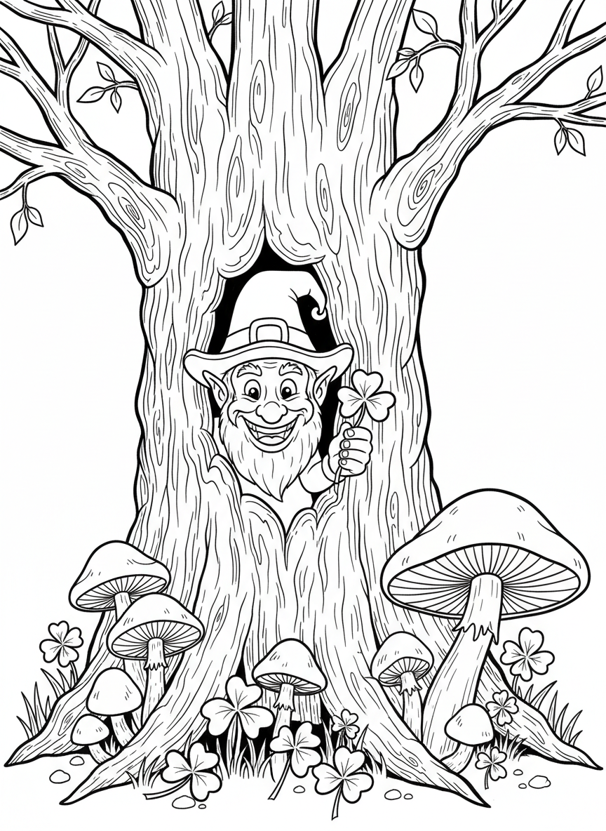 A leprechaun peeking out from behind a large tree trunk, with a mischievous expression, mushrooms and clovers at the tree base.