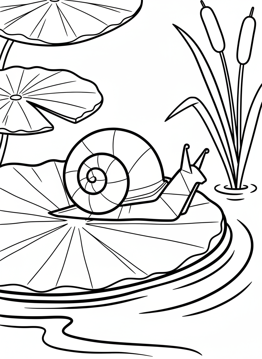 An origami snail with a spiral shell made of curved fold lines, slowly moving across a lily pad edge