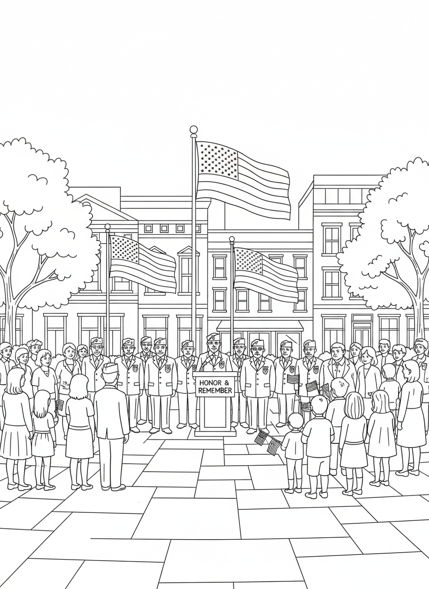Memorial Day coloring page prompts honoring remembrance, reflection, community gatherings.	A community Memorial Day ceremony in a town square, veterans standing in uniform near a podium while a respectful crowd listens beneath waving flags.