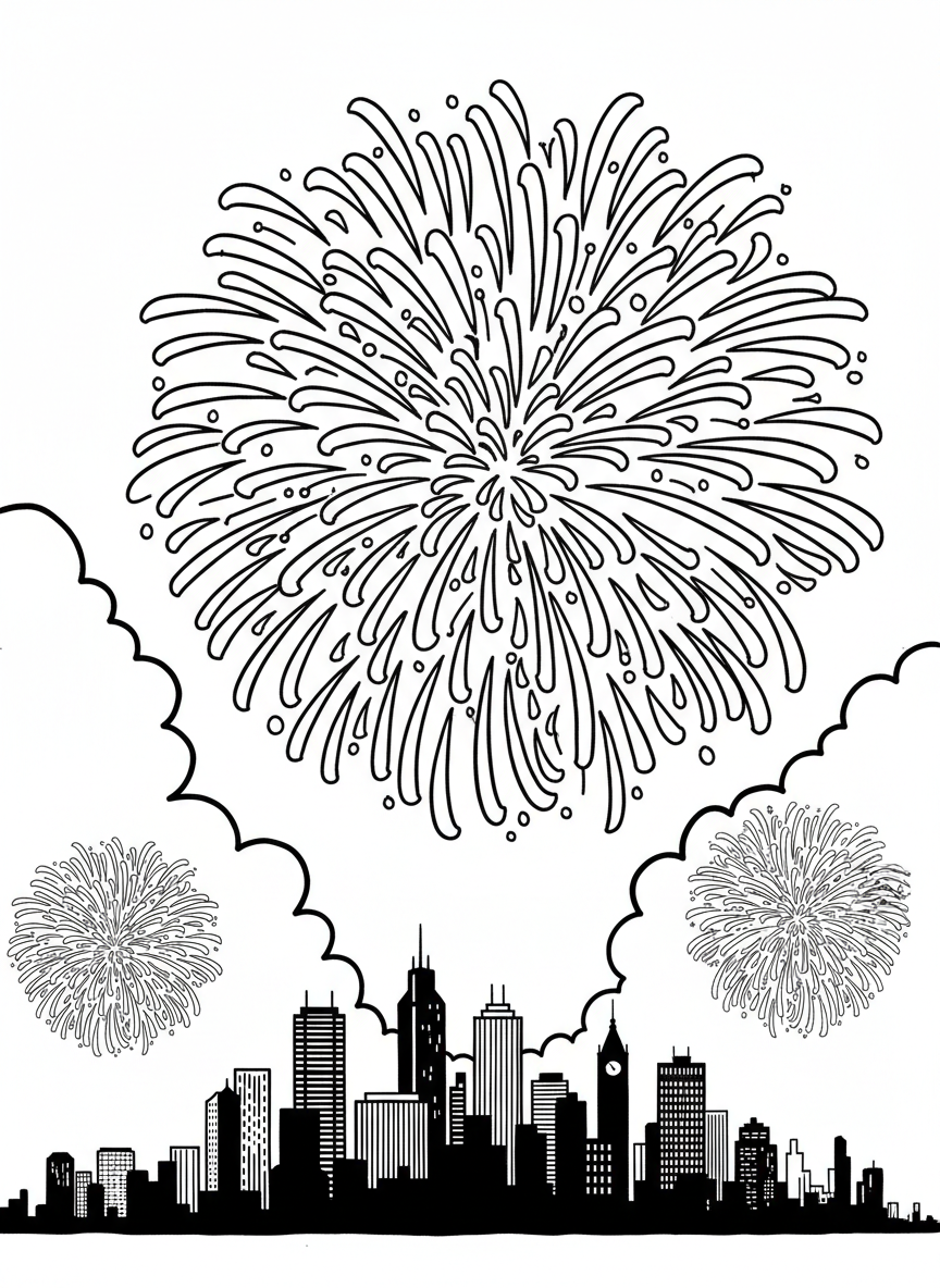 Red, white, and blue fireworks bursting in the sky above a city skyline silhouette