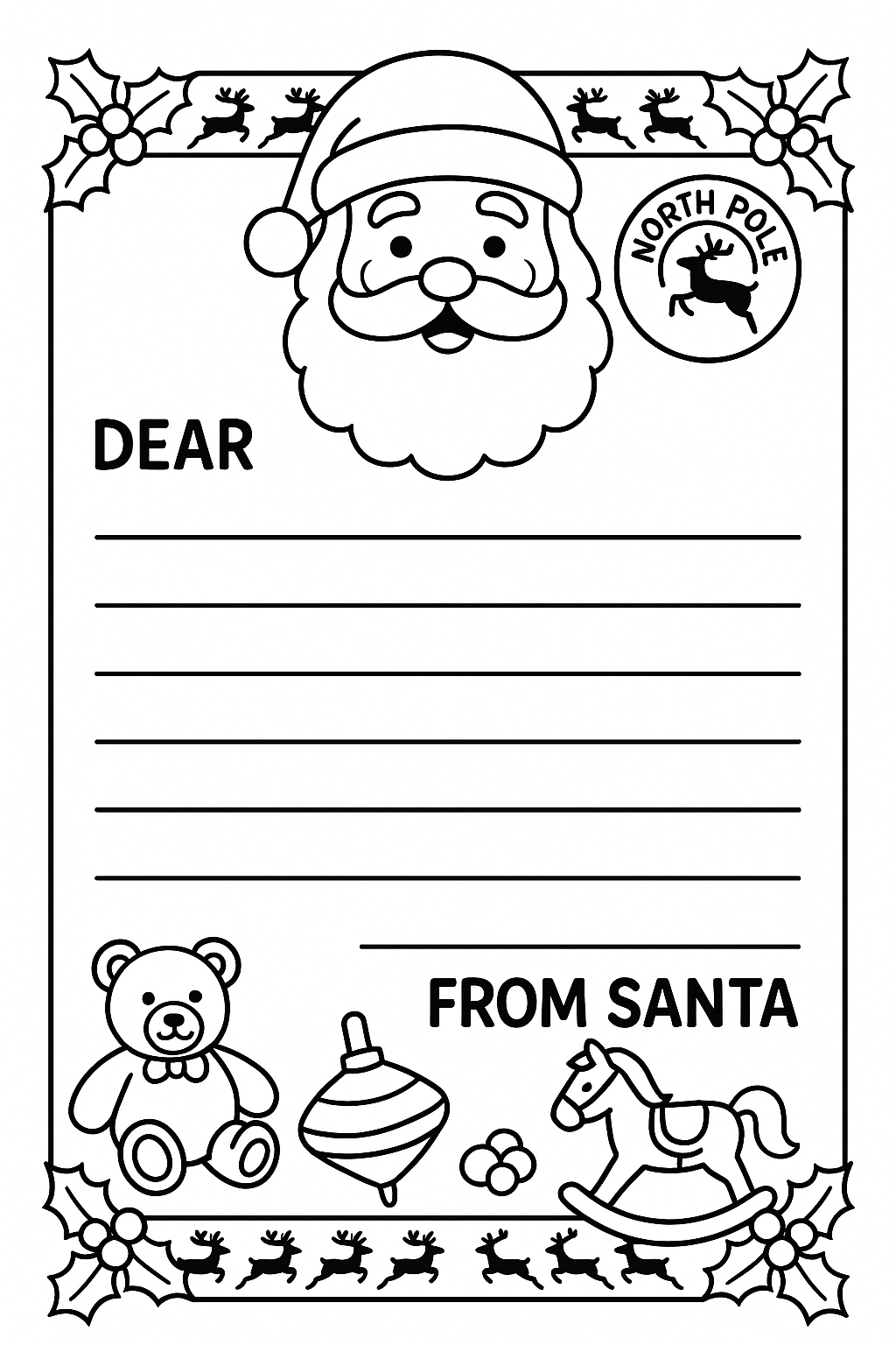 Santa letterhead coloring template: Santa's face at top, North Pole postmark, reindeer border, holly corners, Dear child lines, From Santa signature space, toy decorations, thick outlines, customizable coloring page