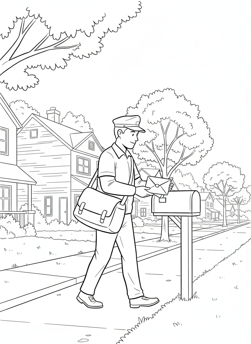 A mail carrier delivering letters through a neighborhood with houses, sidewalks, trees, and mailboxes lining the street.