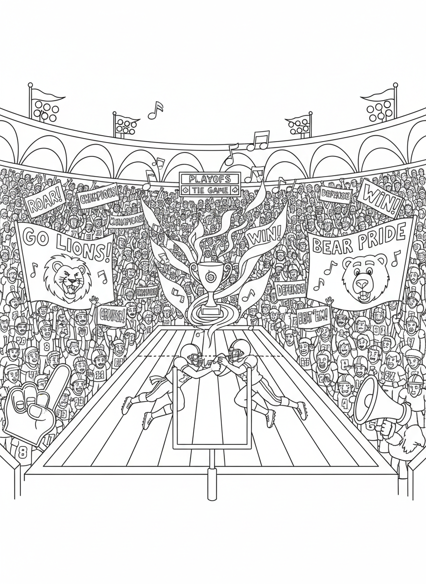 College Football Playoff coloring page prompts capturing tradition, rivalry, pageantry, and high-stakes championship football moments.	A rivalry-heavy crowd split into two seas of color, signs shaking and chants echoing as playoff tension becomes almost physical.