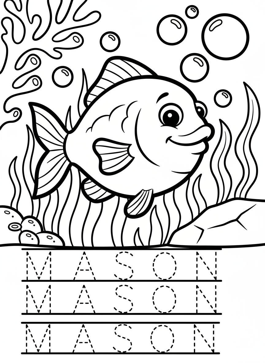 A friendly fish swimming with bubbles, three practice rows below showing 'MASON' in dashed letters for tracing, simple outline