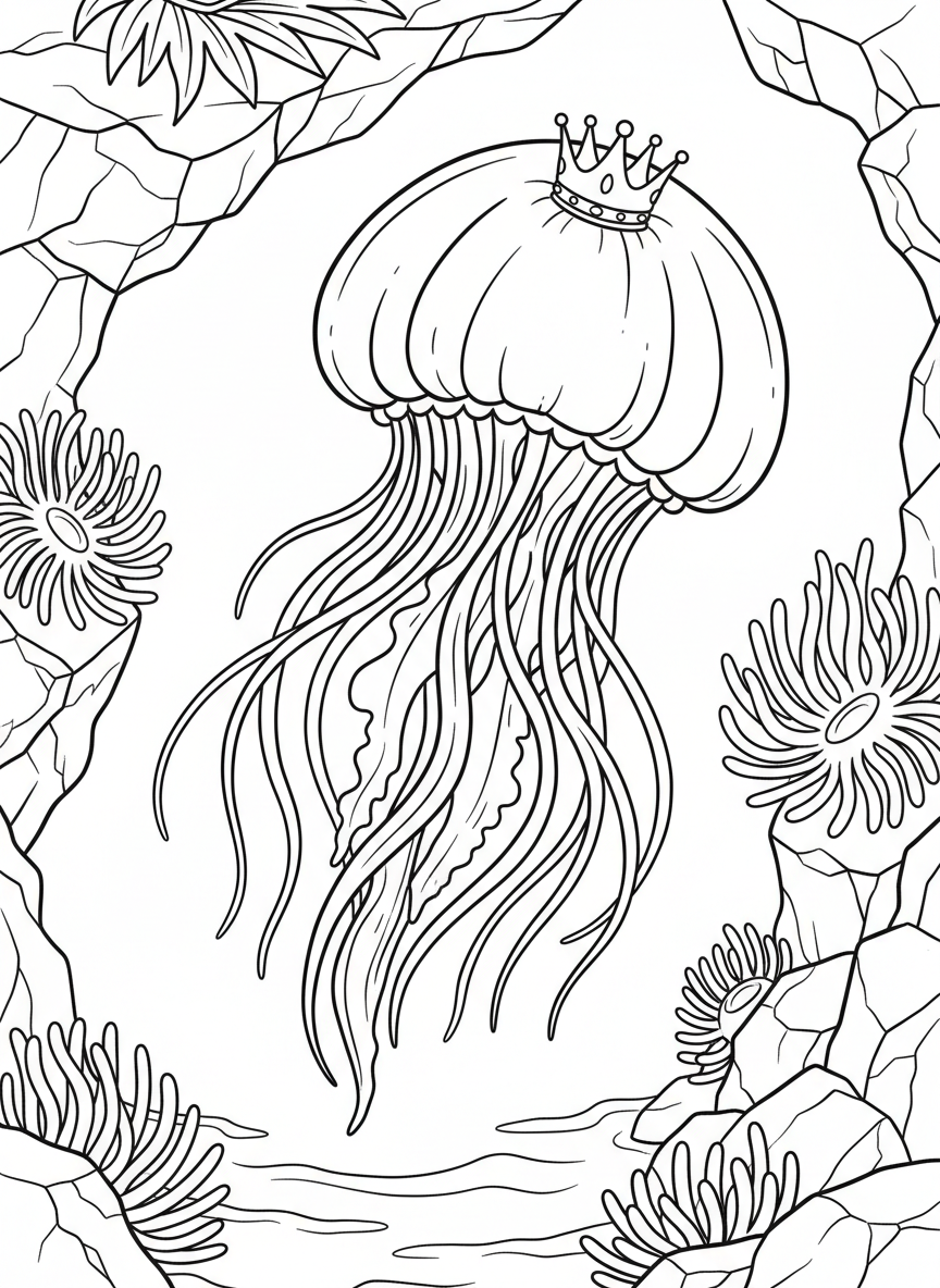 A jellyfish wearing a tiny crown floating like royalty in a tide pool, with elegant flowing tentacles and sea anemones decorating the pool edges.