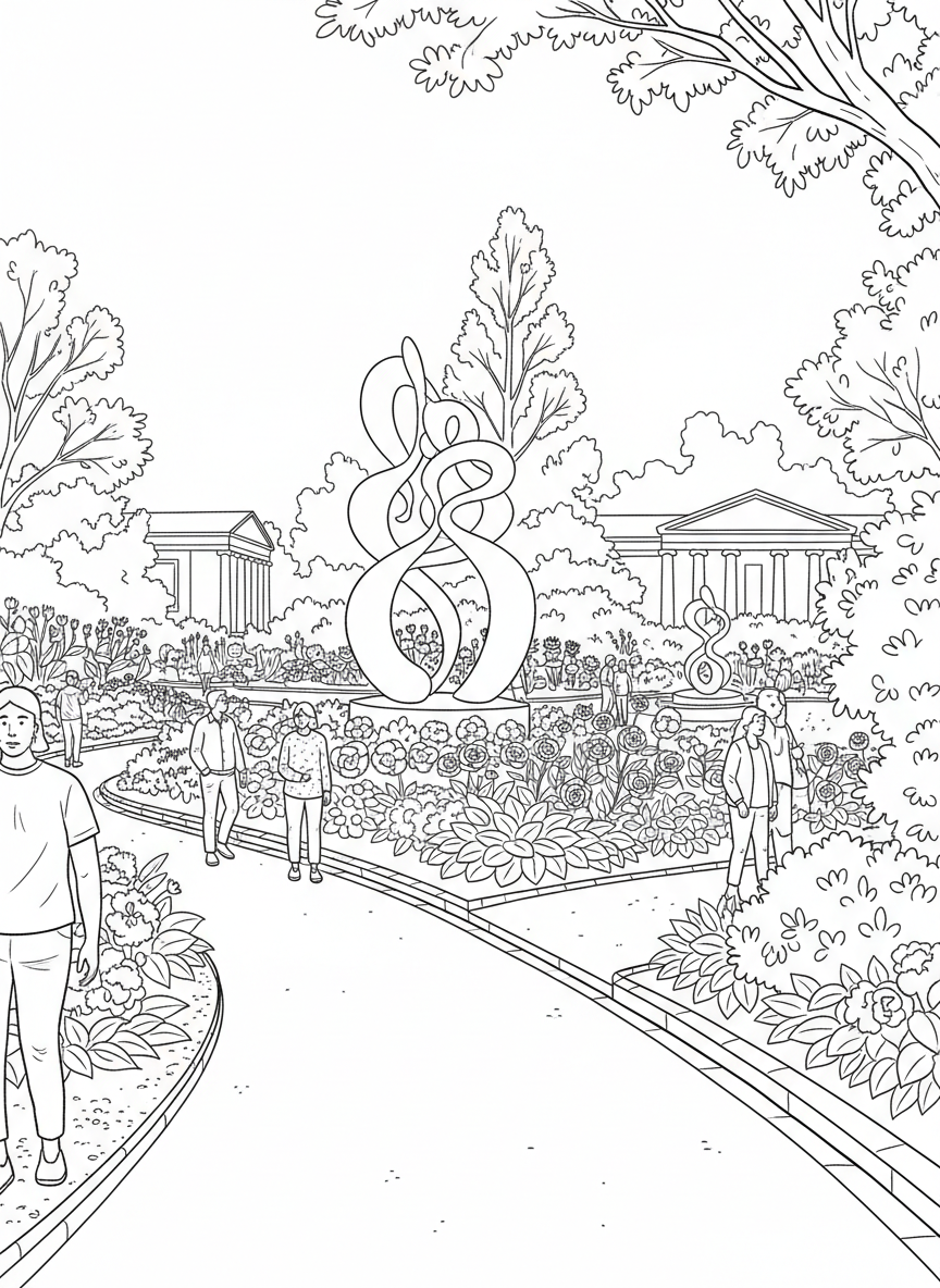 Newfields art museum gardens with sculptures, flower beds, pathways, and visitors enjoying the outdoor space.