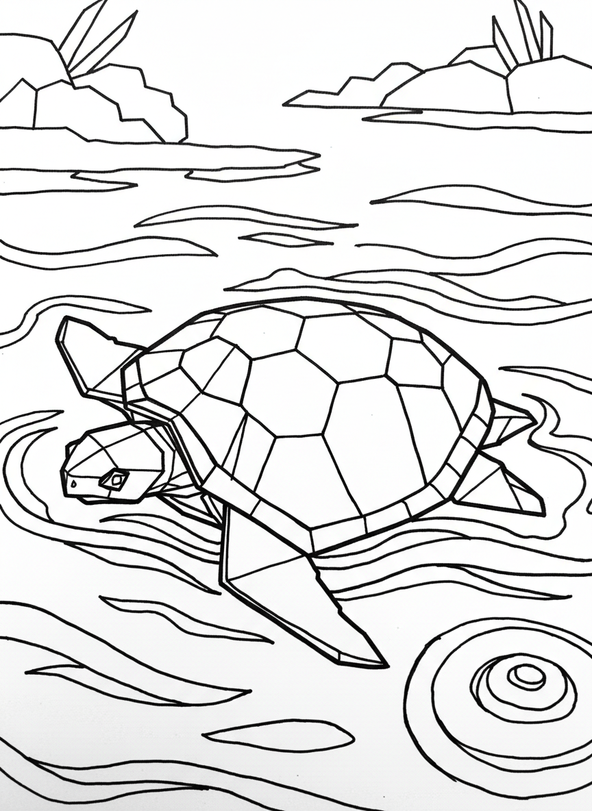 An origami turtle with a detailed hexagonal shell pattern made of folded paper segments, swimming through water with simple wave lines