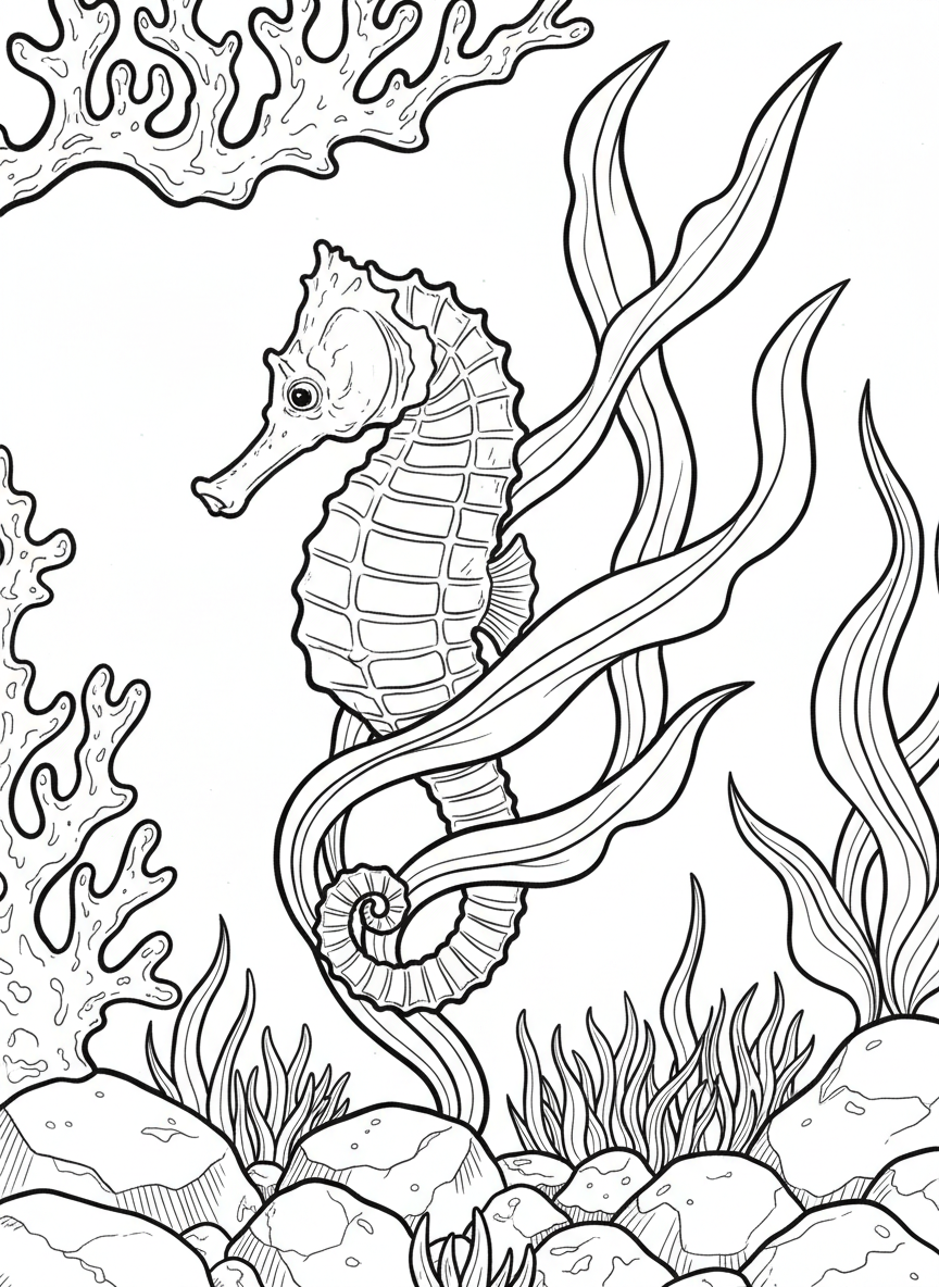 A seahorse clinging to seaweed with its curled tail, showing detailed body ridges and snout