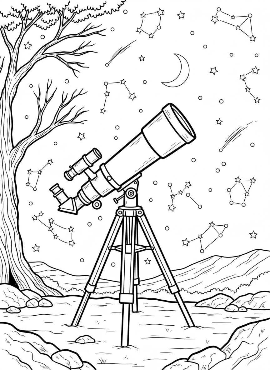 A telescope on a tripod pointing up at a night sky filled with constellations, moon, and shooting stars, simple outdoor scene