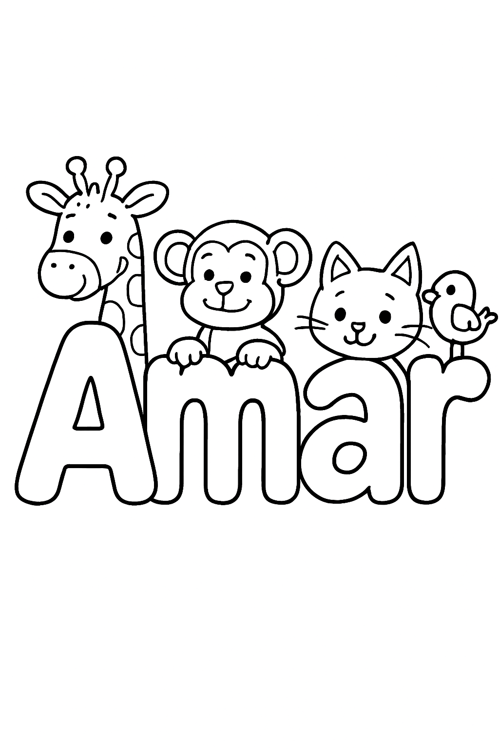 The name “ Amar” in bubble letters with cartoon animals peeking out of each letter. make the name all on one line, capitalize only the first letter