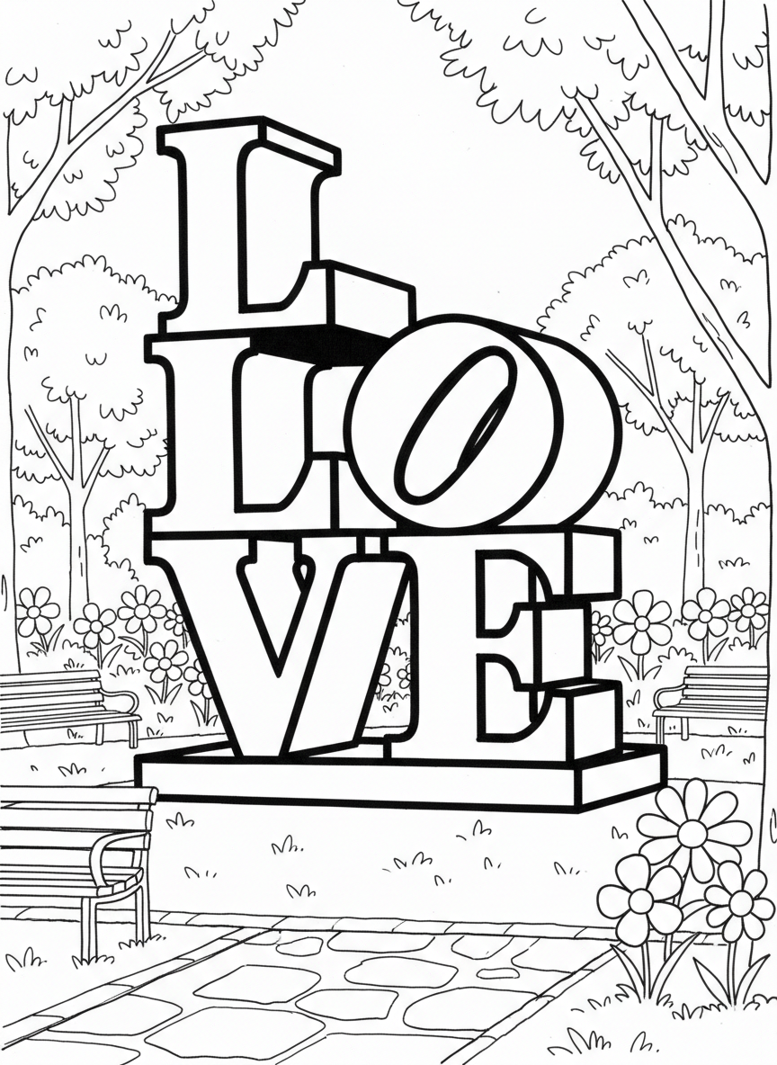 The LOVE sculpture with large block letters L-O-V-E stacked in the famous design, surrounded by simple park elements like benches and flowers.