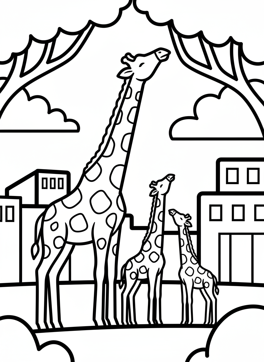 A family of giraffes at the Fort Worth Zoo with their long necks reaching up to tree branches, simple shapes for young children