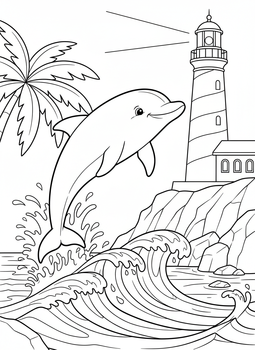 A friendly dolphin jumping out of the waves at Jacksonville Beach with a lighthouse in the background, simple line art coloring page