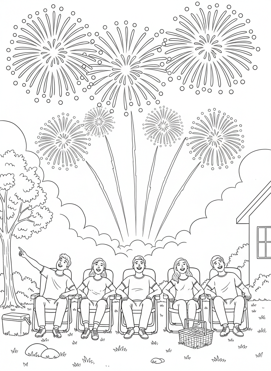 A group of friends sitting in lawn chairs from behind, all looking up at a spectacular firework display above them.