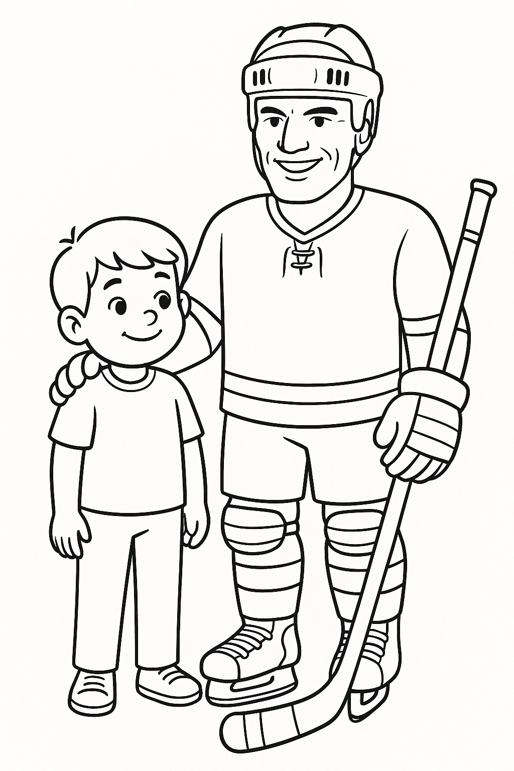 a young boy standing next to Mark Messier wearing hockey gear