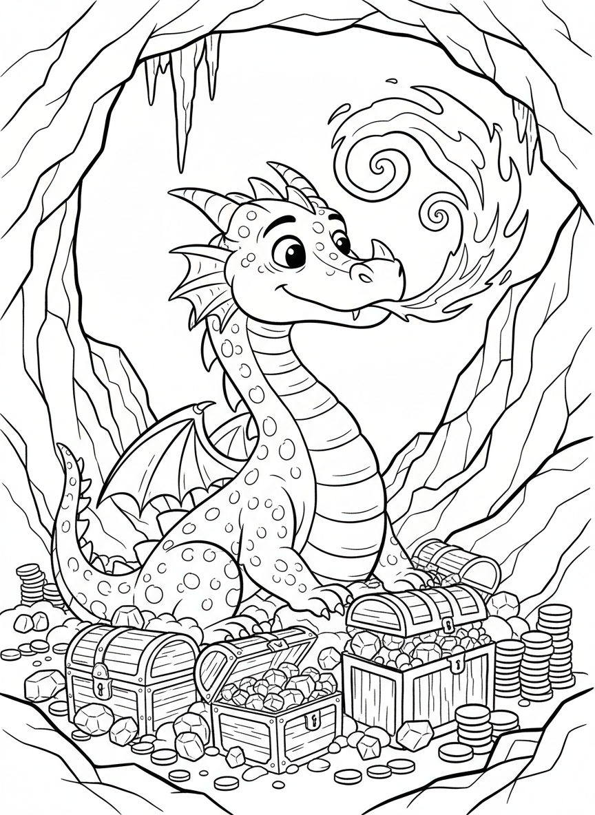 A fire-breathing dragon sitting in a cave surrounded by treasure chests and gems, with a friendly curious expression.