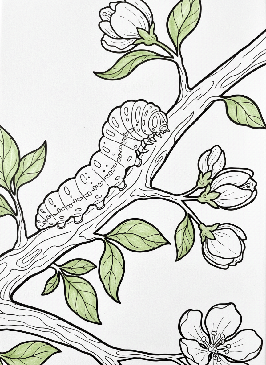 A caterpillar crawling along a branch with new green leaves unfurling and flower buds opening.