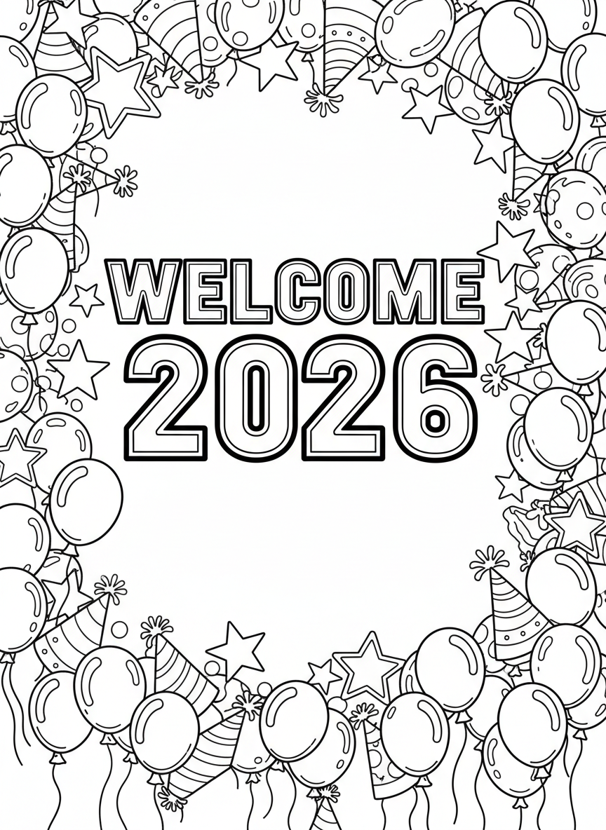 The word 'WELCOME' in big letters above giant '2026' numbers, surrounded by a border of party hats, balloons, and stars.