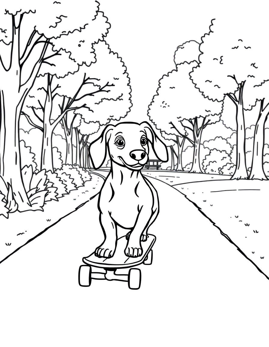 A dachshund riding a skateboard down a sunny park path.