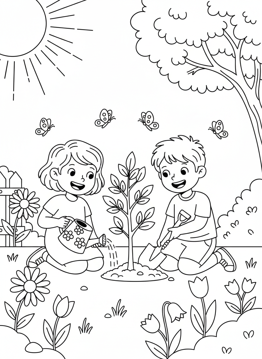 Two kids planting a small tree together with shovels and watering cans, surrounded by flowers and butterflies, friendly and encouraging scene.