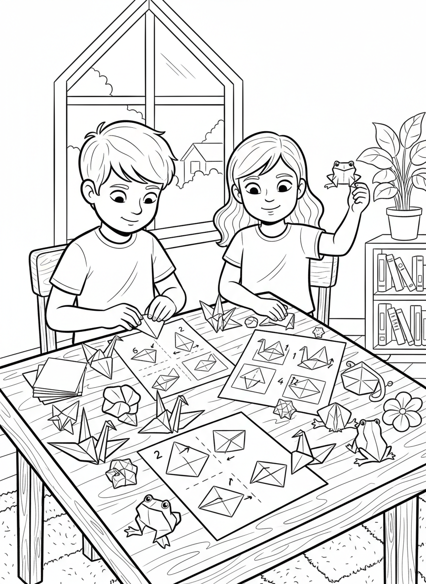 Two kids making origami animals, with folded paper cranes and frogs displayed on the table and instruction diagrams nearby.
