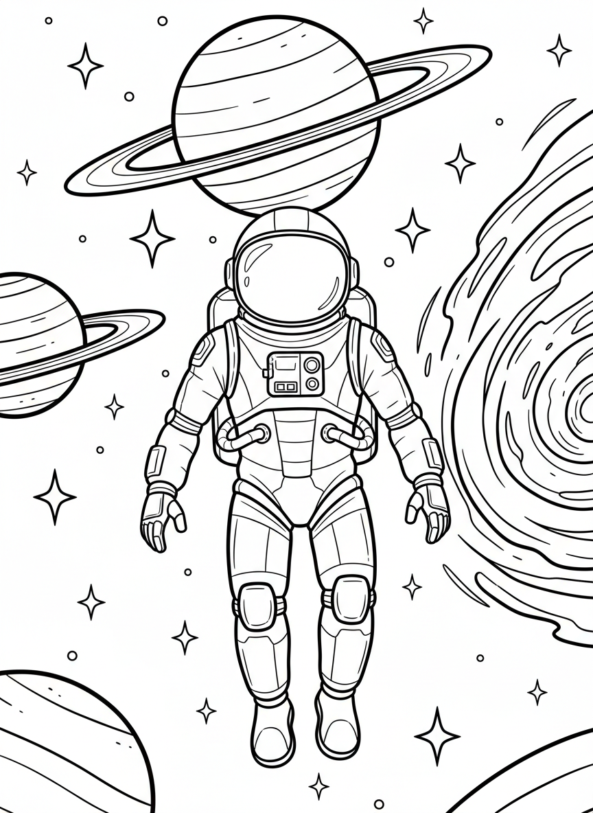 A sleek robot astronaut floating in space near planets and stars, with a clear helmet dome and jetpack on its back.