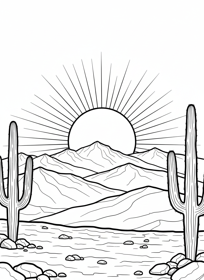 Arizona sunset scene with layered mountain ranges, large sun on horizon, and silhouettes of saguaro cacti in foreground