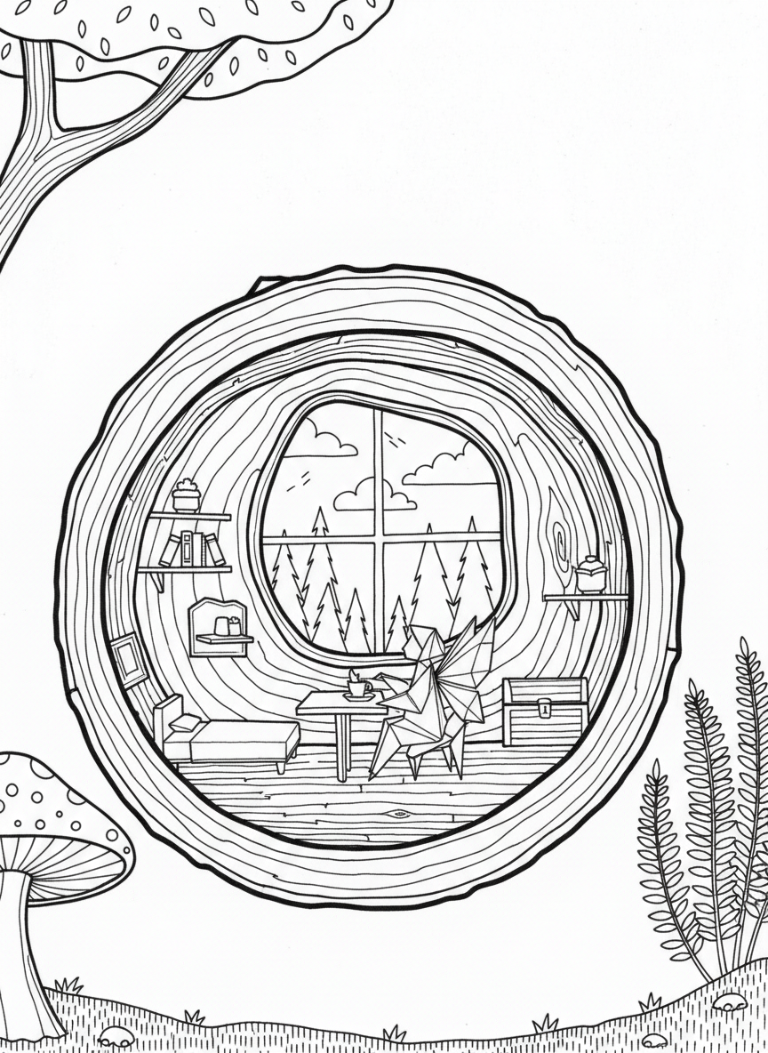An origami fairy sitting inside a hollow log home, with tiny folded furniture and a window showing the forest outside