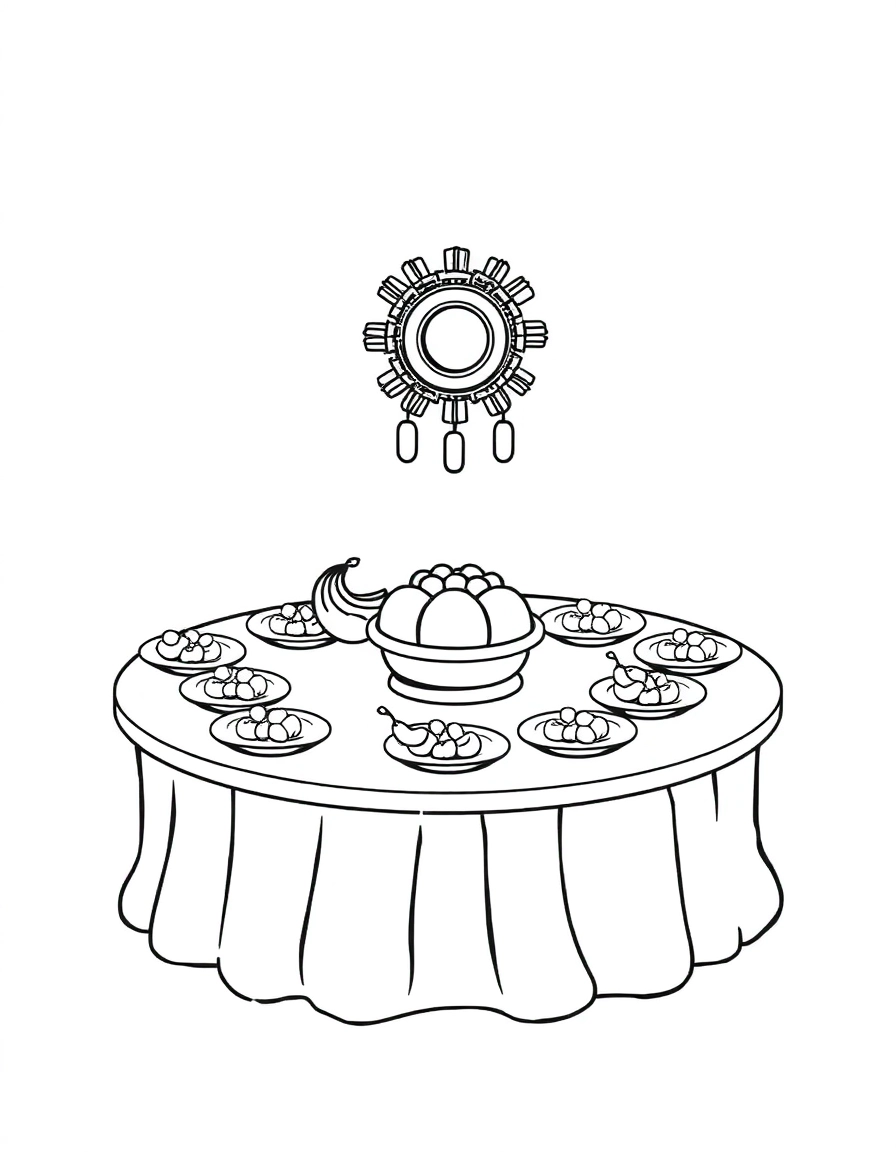 Community Feast: A round table set with plates of fruit and a Kinara in the center, ready for a feast (Karamu)