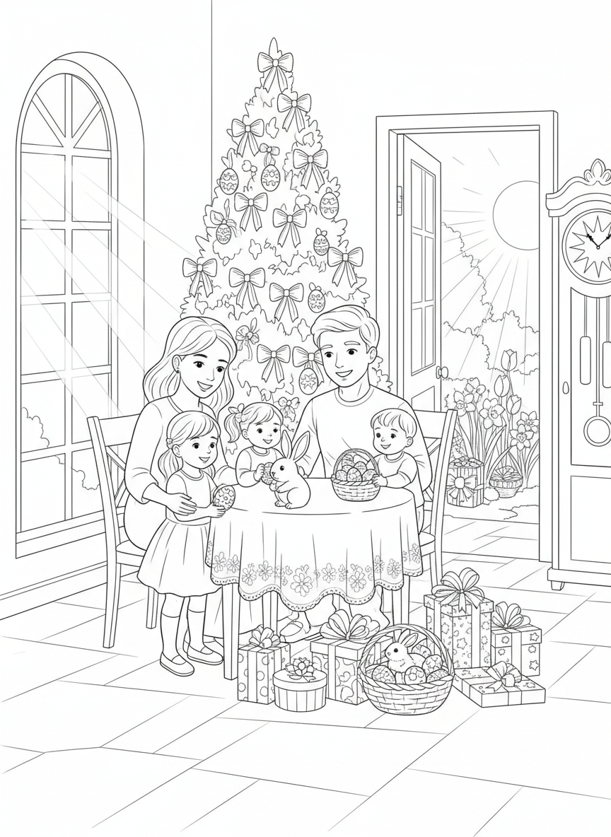 Easter Sunday Morning coloring page prompts capturing calm beginnings, family traditions, and fresh spring light.	Soft morning light streaming into a home on Easter Sunday, decorations gently glowing as the day begins peacefully.