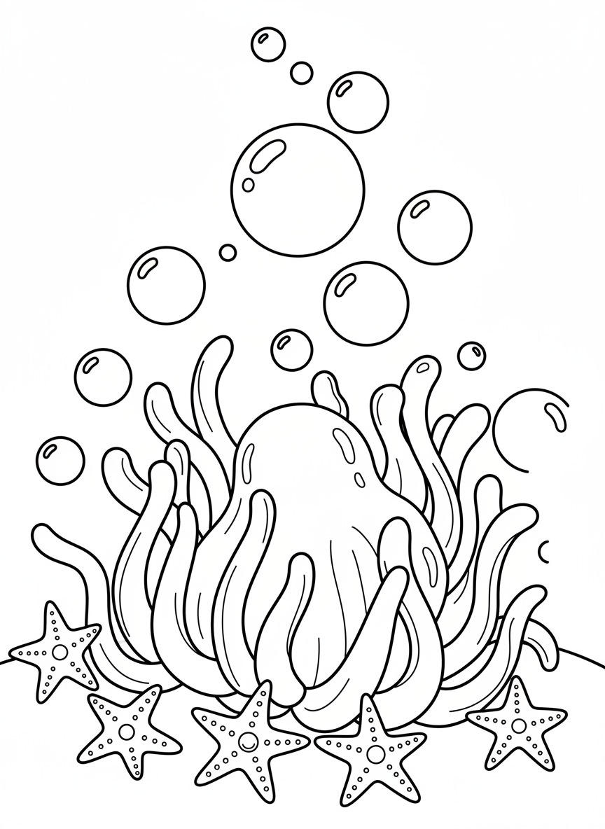 A large sea anemone with flowing tentacles waving gently, surrounded by small bubbles and simple starfish, simple line art for young children