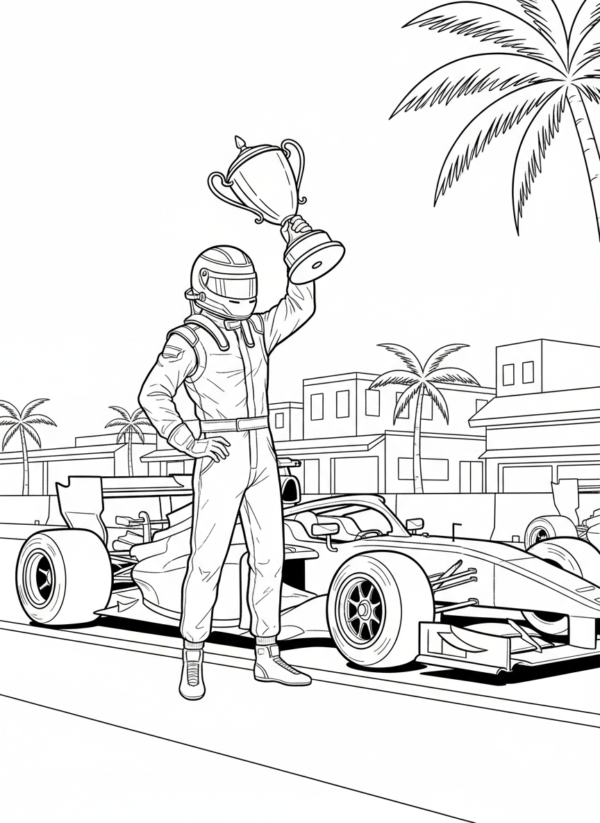 A race car driver in full racing suit and helmet standing proudly next to their vehicle, holding a trophy high in the air.