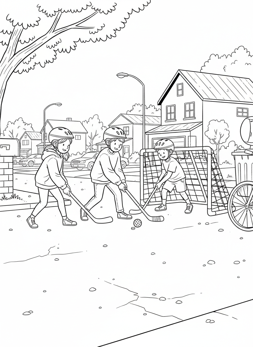 Kids playing street hockey with a net, sticks, and ball, wearing casual clothes and helmets in a neighborhood setting.
