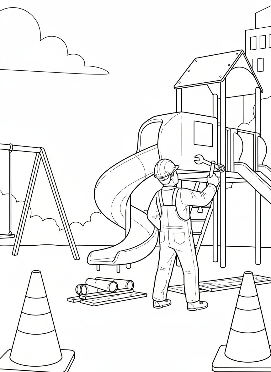 A construction worker building a new playground structure, wearing a hard hat and using tools, with safety cones around the area.