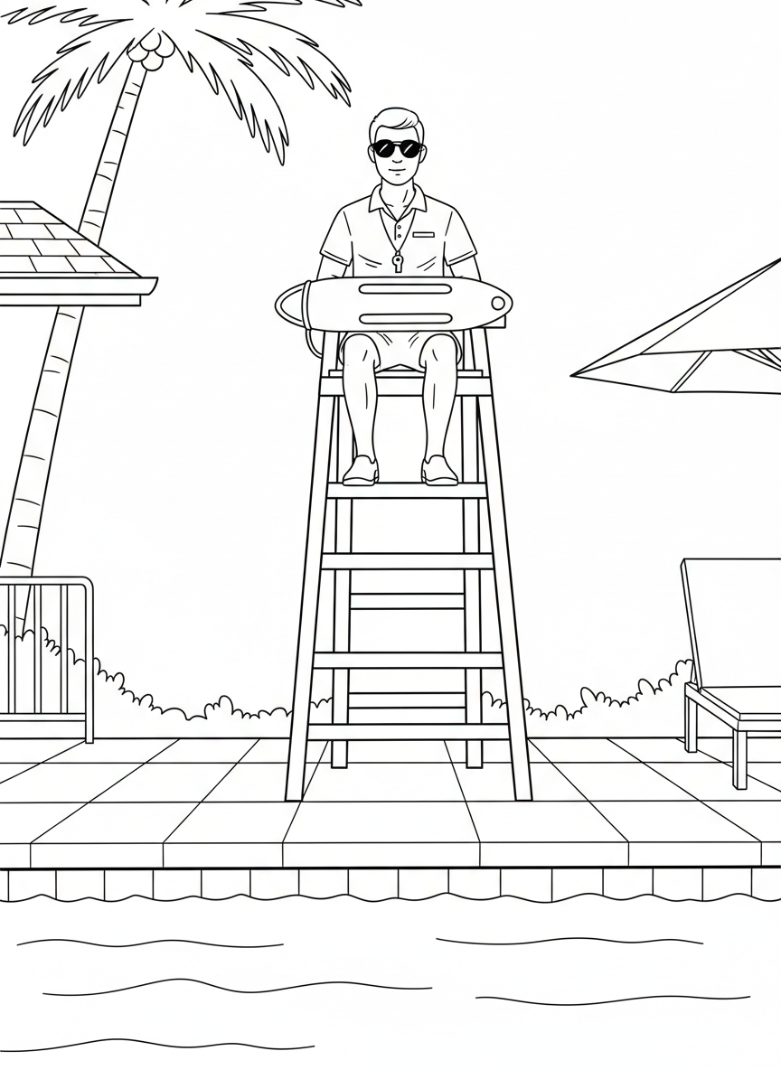 A lifeguard sitting in a tall chair at a swimming pool, holding a rescue float and wearing sunglasses and a whistle.