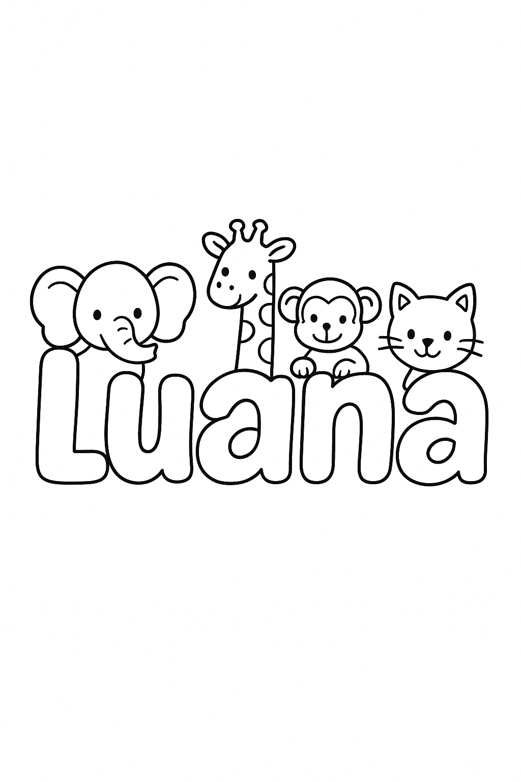 The name “Luana” in bubble letters with cartoon animals peeking out of each letter. make the name all on one line, capitalize only the first letter