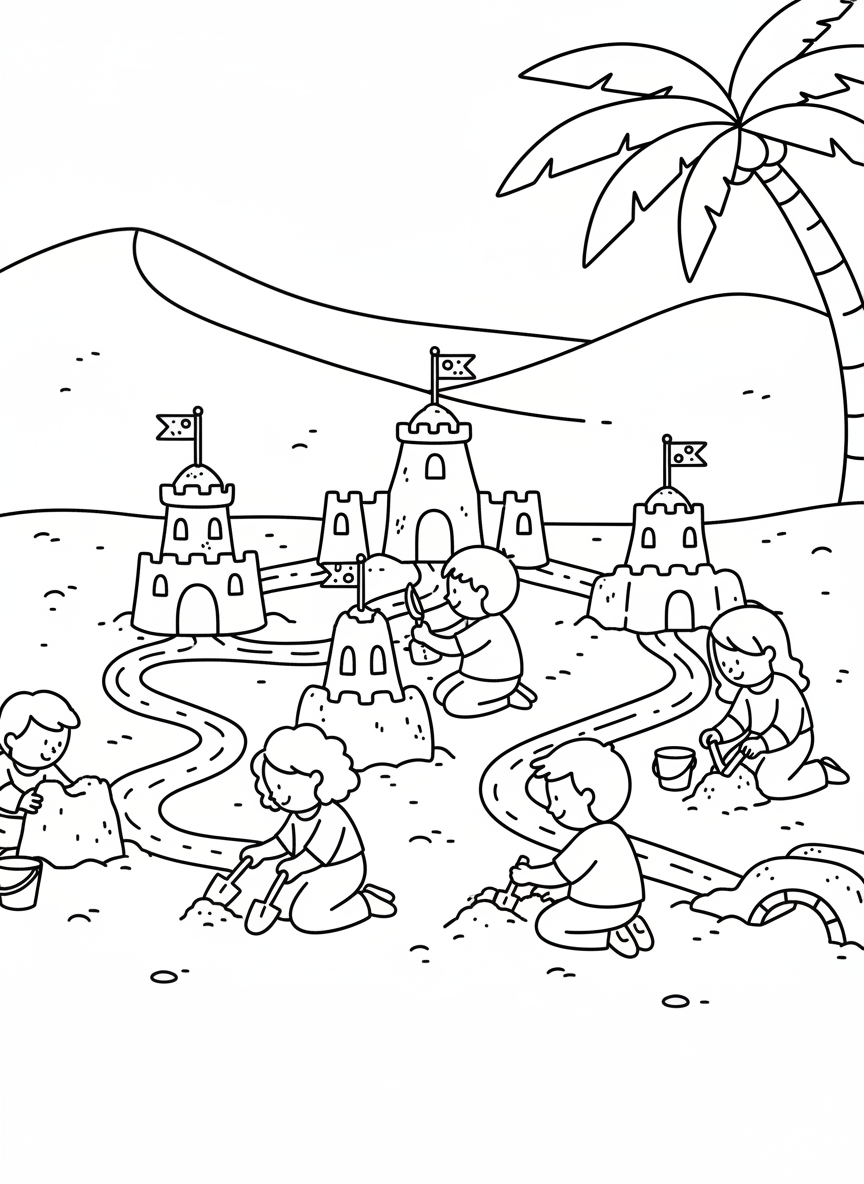 Kids building a sand city with several small castles, roads connecting them, and tiny stick flags marking different buildings.