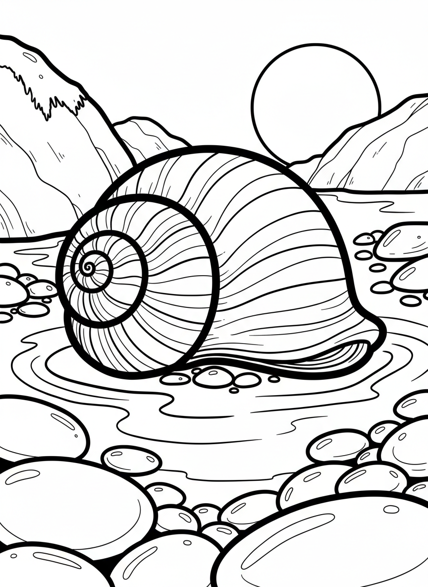 A moon snail shell resting in a tide pool with its spiral pattern clearly visible, surrounded by smooth pebbles and gentle water flow.